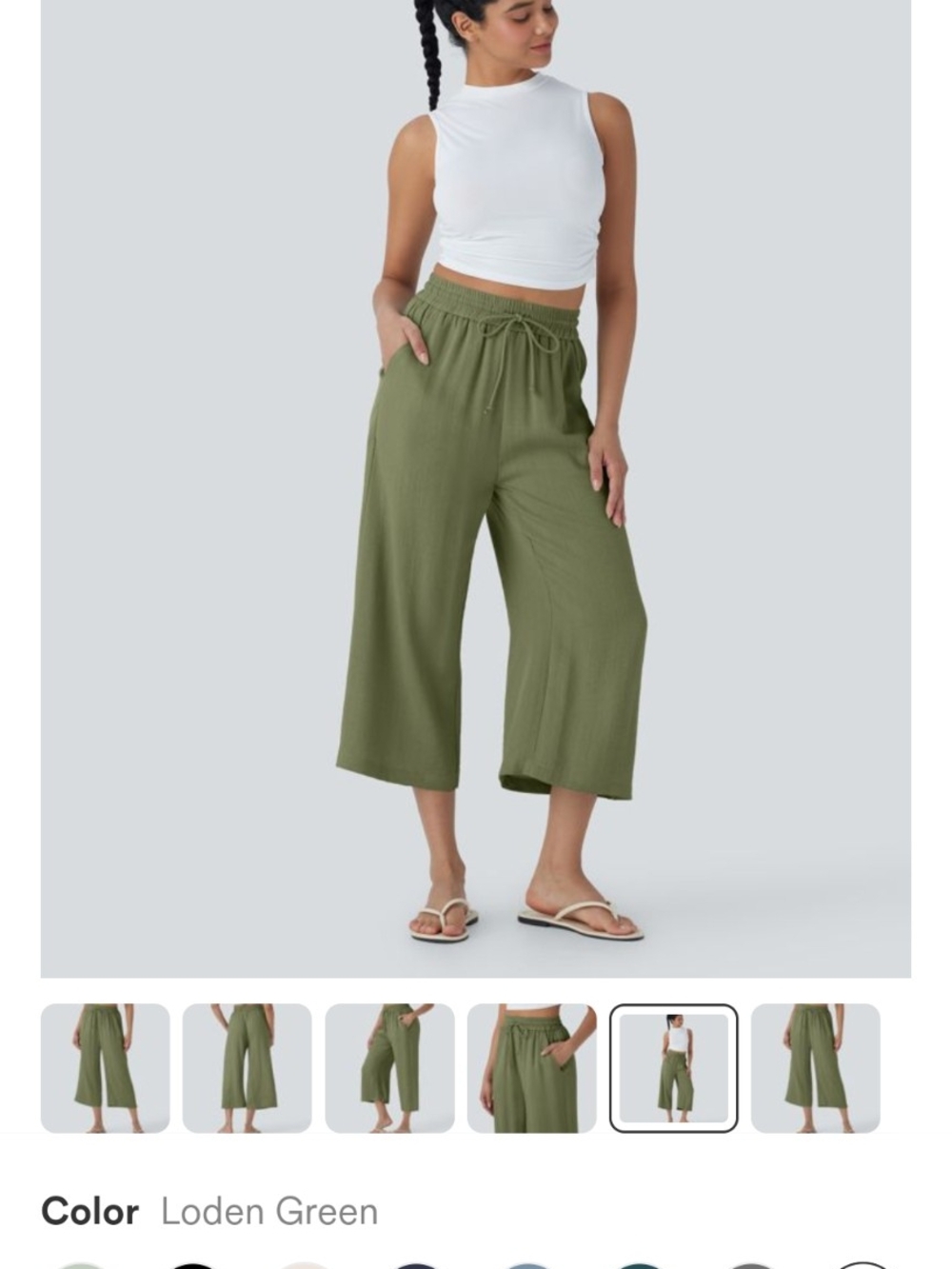 HALARA Linen Loden Green Wide-Leg Cropped Pants